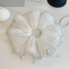 Load image into Gallery viewer, Handcrafted White Pearl &amp; Rhinestone Tassel Scrunchie