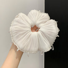 Load image into Gallery viewer, Handcrafted White Pearl &amp; Rhinestone Tassel Scrunchie